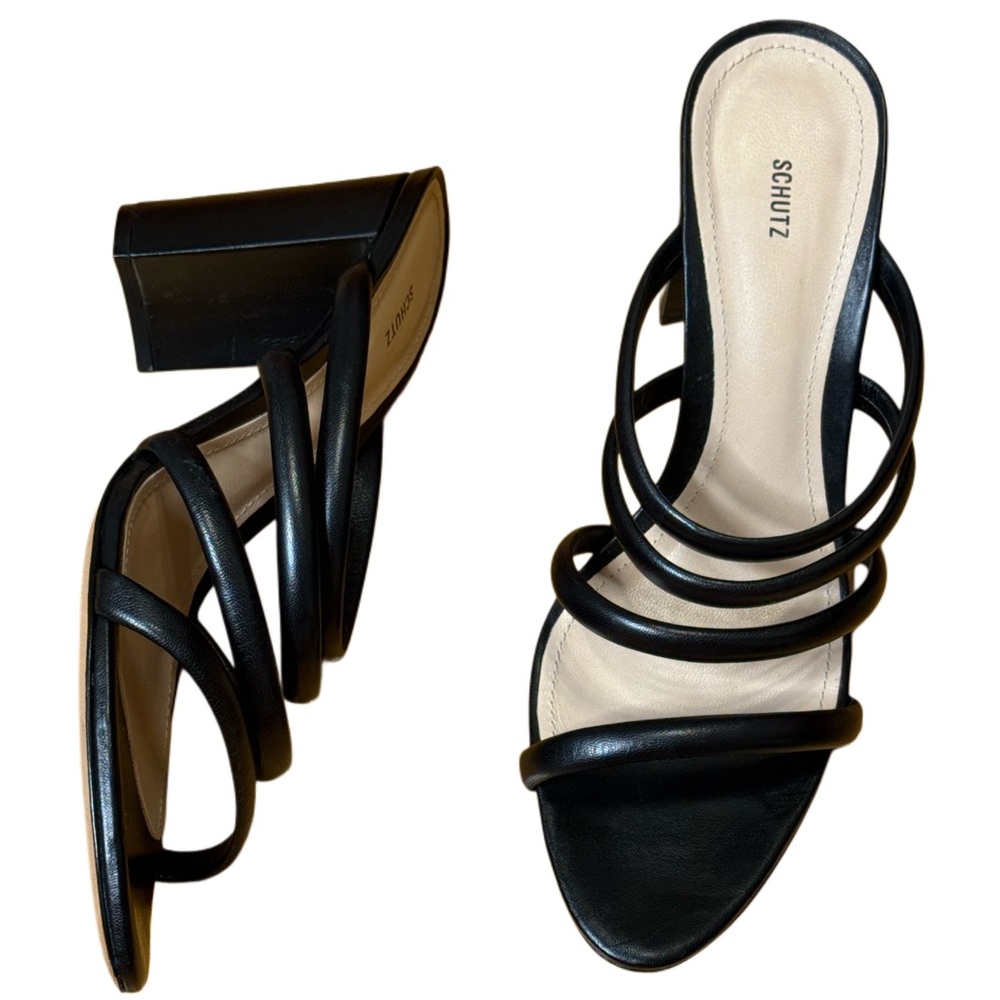 Schutz Felisa Black Strappy Suede Block Heel Sandal